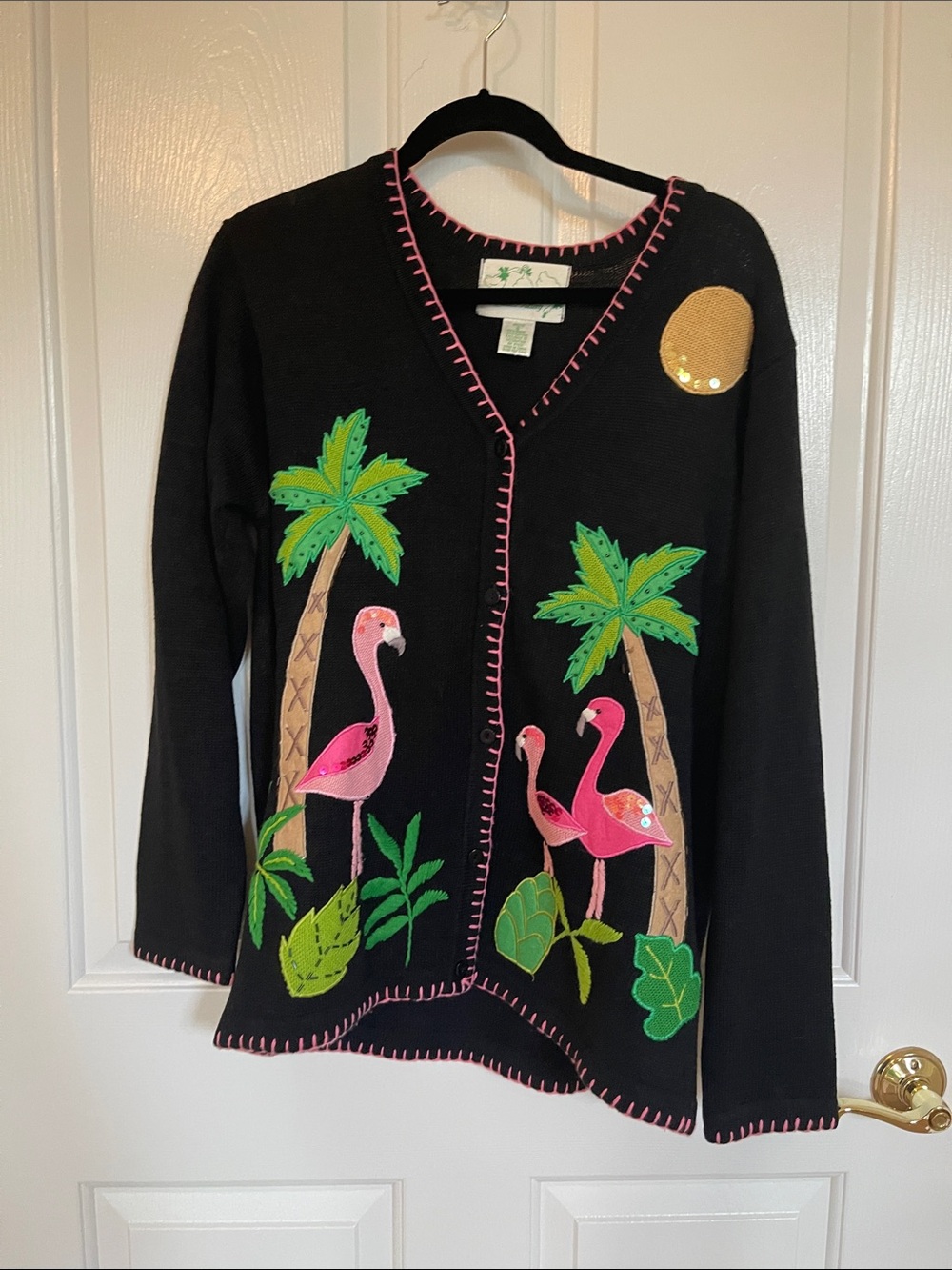 Quacker Factory Black V-Neck Cardigan with Pink Flamingos & Green Palms